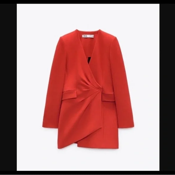 Zara Draped Blazer Red Dress. Size Small in Green color. - Picture 5 of 8